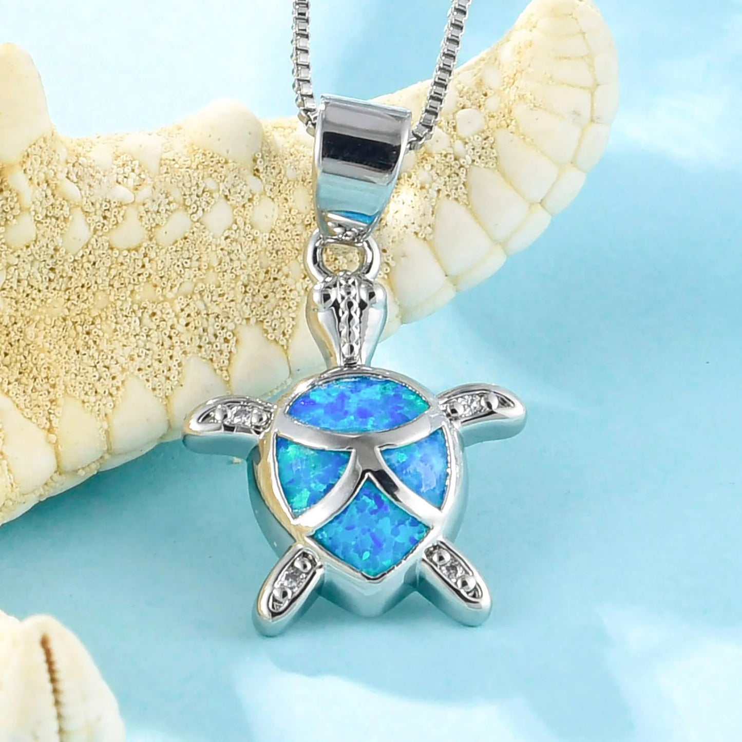 Aobao Hot Hawaiian Ocean Blue Opal Turtle Pendant Necklace European American Fashion Sweater Chain for Women Opal