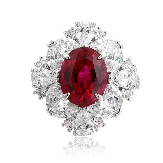 Gemfiori S925 Silver Cultivated Ruby Ring Main Stone:5.07 CT Side Stones:5.81CT Weight: 7.7g