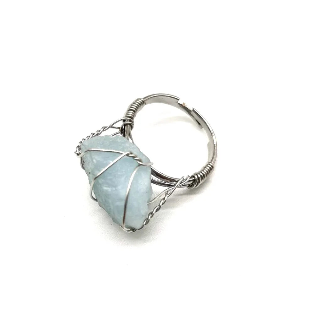 Men Women Large Stone Rings Wire Wrapped Crystal Resizable Gem Ring