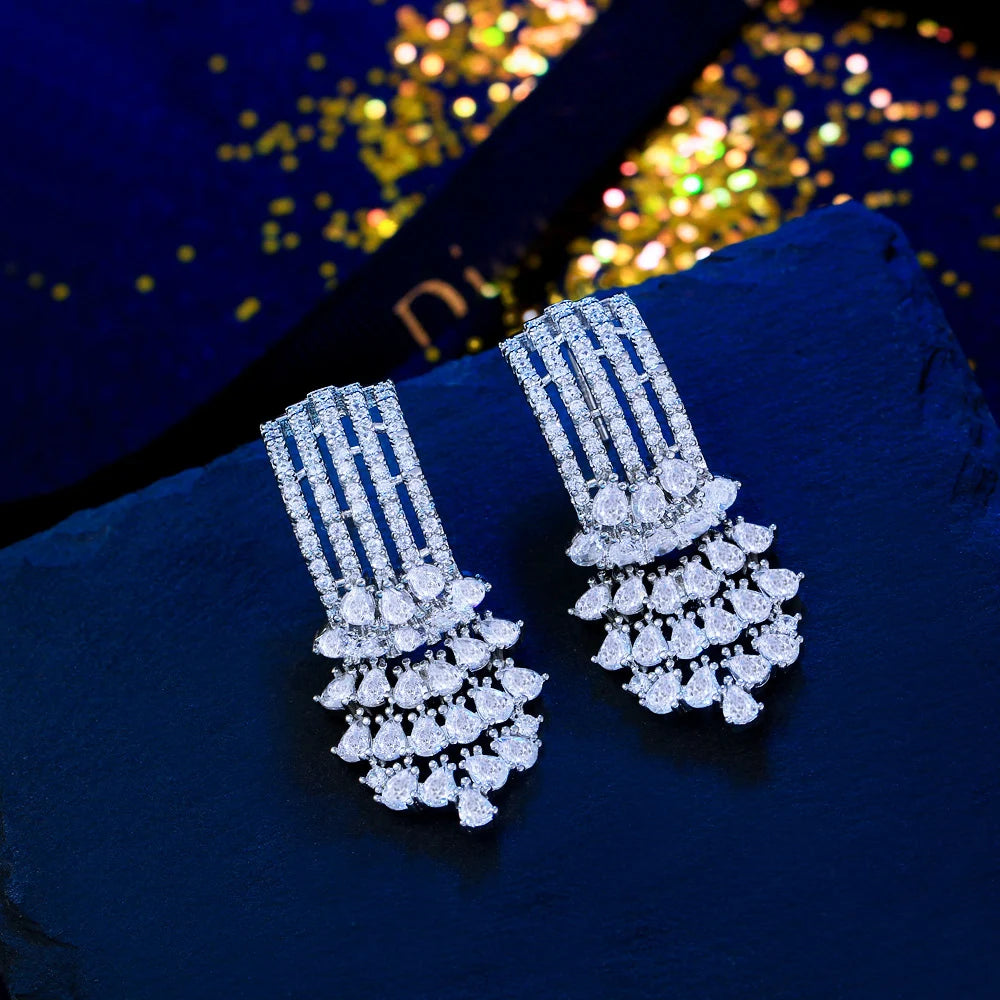 S&S CZ Floral Long Dangle Drop Earrings – AAA Pear Cut – Rhodium Plated – Collection
