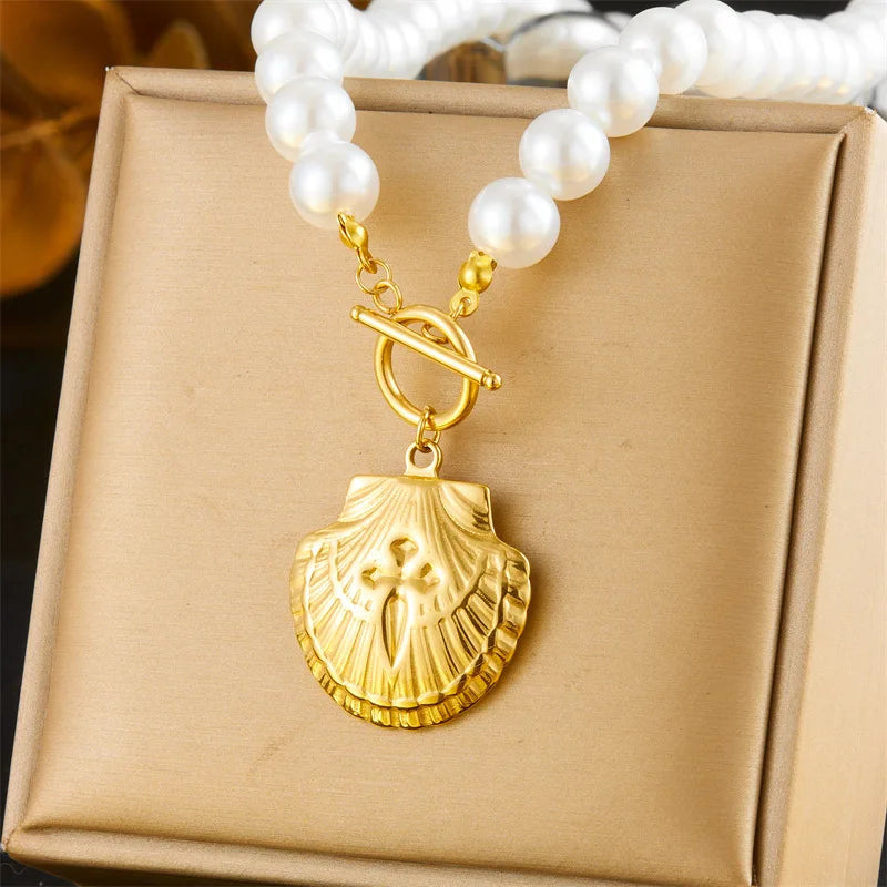 Women's French Vintage Design Pearl Chain Gold-plated OT Clasp Stainless Steel Scallop Starfish Pendant Bracelet Necklace Set