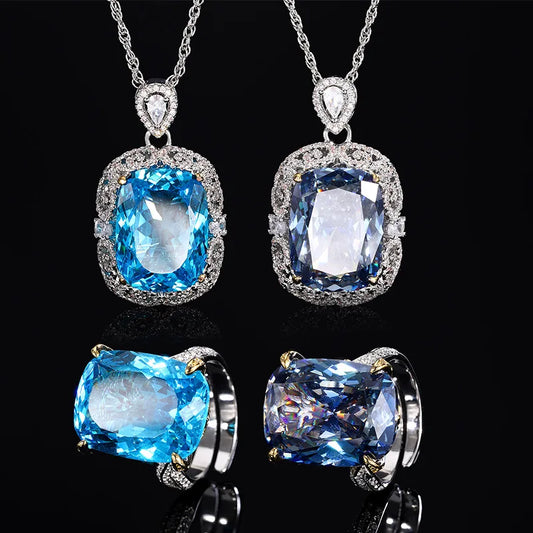 Gemfiori Retro Trendy Sea Blue Zircon Pendant Necklace Ring Design Jewelry Set for Women's Wedding/Anniversary