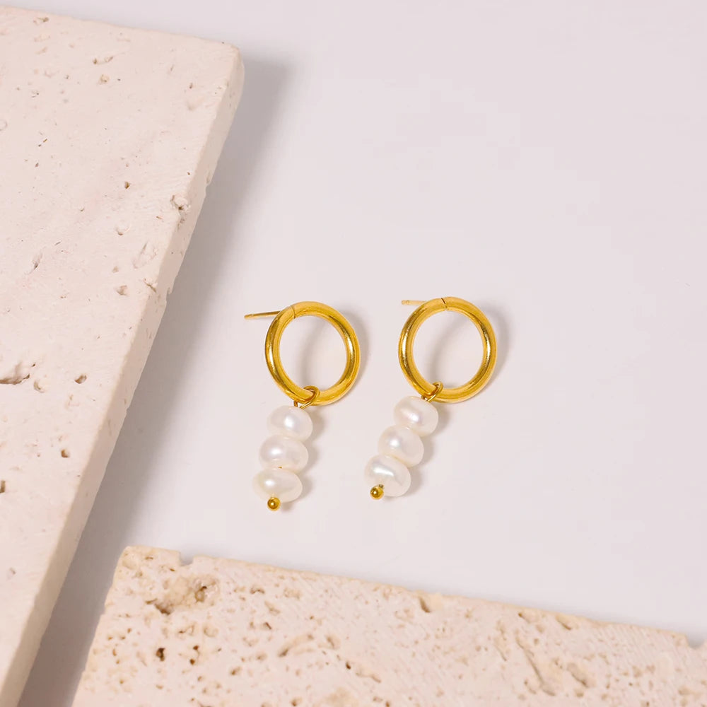Hypoallergenic Stainless Steel 18K Gold Plated Earrings Freshwater Pearls Baroque Knot Dangling Hoop Earrings for Girls