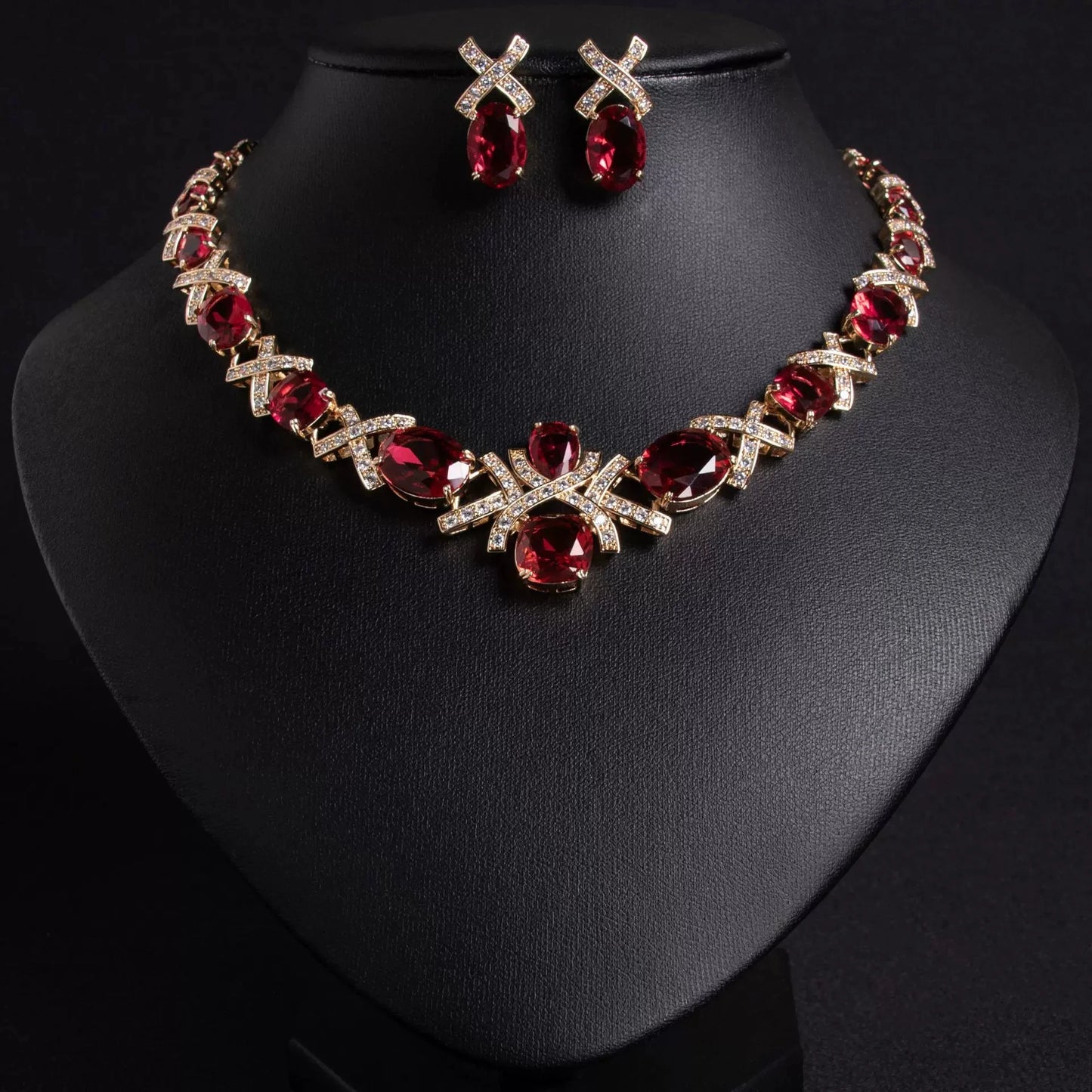 XM S299 Gold Plated Oval Cut Zircon Floral Statement Necklace & Earrings Bridal Set