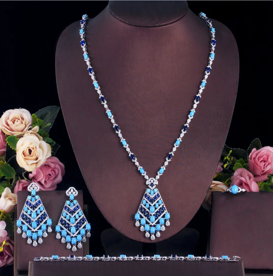 4pcs Middle East Style Zircon Long Blue Turquoise Necklace Earrings Bridal Jewelry Set for Women Wedding Party Dress Accessories