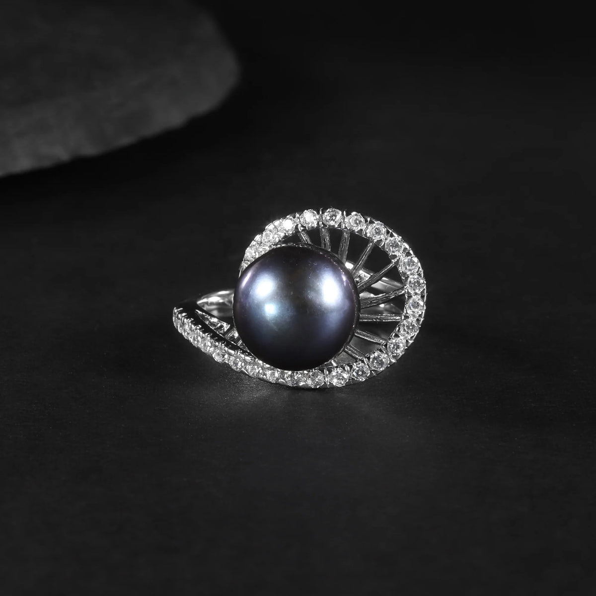 ArtistA Curved Halo Women Bridal Pearl Jewelry Sets 925 Silver Black Freshwater Pearl Bridal Wedding Necklace Earrings Ring Set