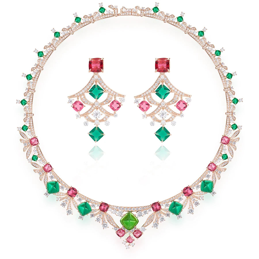 2025 New Style Colored Gemstone Necklace Earrings Sexy Women's Jewelry Set Brass Skin Friendly Non Oxidizing Wedding Accessories