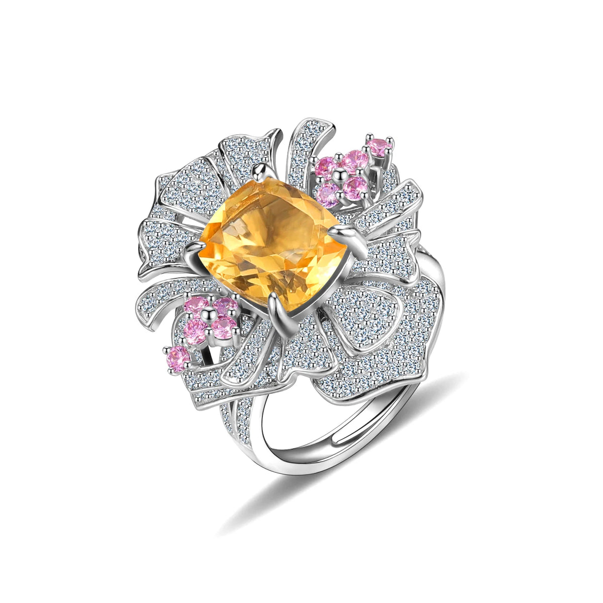 ArtistA Abiding Retro Light Luxury Flower Natural Stone 925 Silver Big Cushion Cut 9X11MM Flower Shape Cz Cocktail Dinner Party Rings