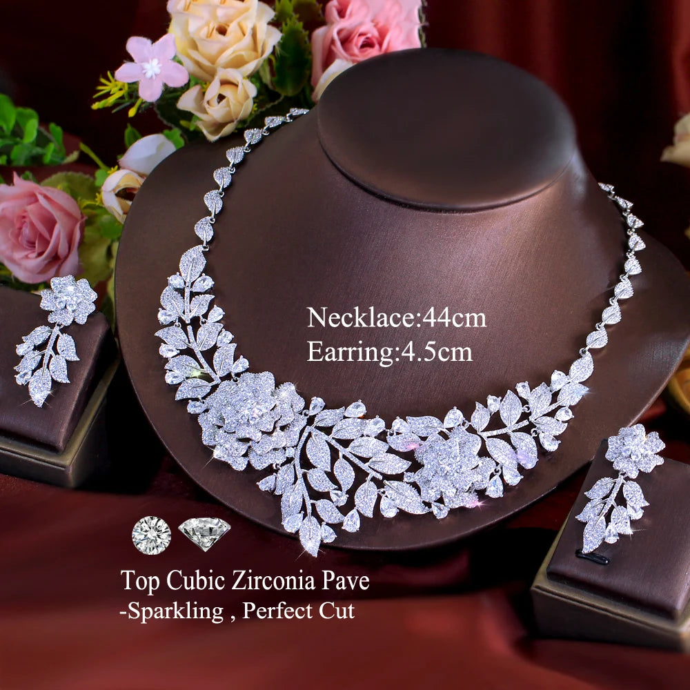 Sparking White Cubic Zirconia Flower Leaf Shape Exaggerating Earrings Necklace Luxury Bridal Wedding Big Jewelry Set for Women