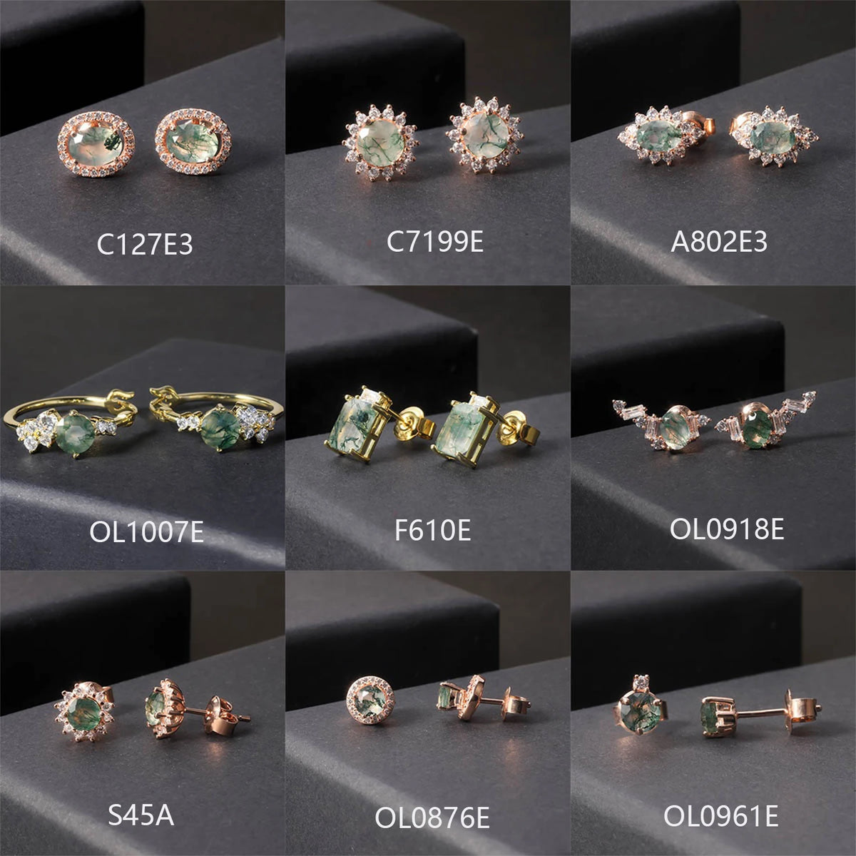 ArtistA Abiding Handcrafted 925 Silver Gold Plated White Cubic Zirconia Halo Natural Moss Agate Stud Earrings Huggie Hoop Earrings