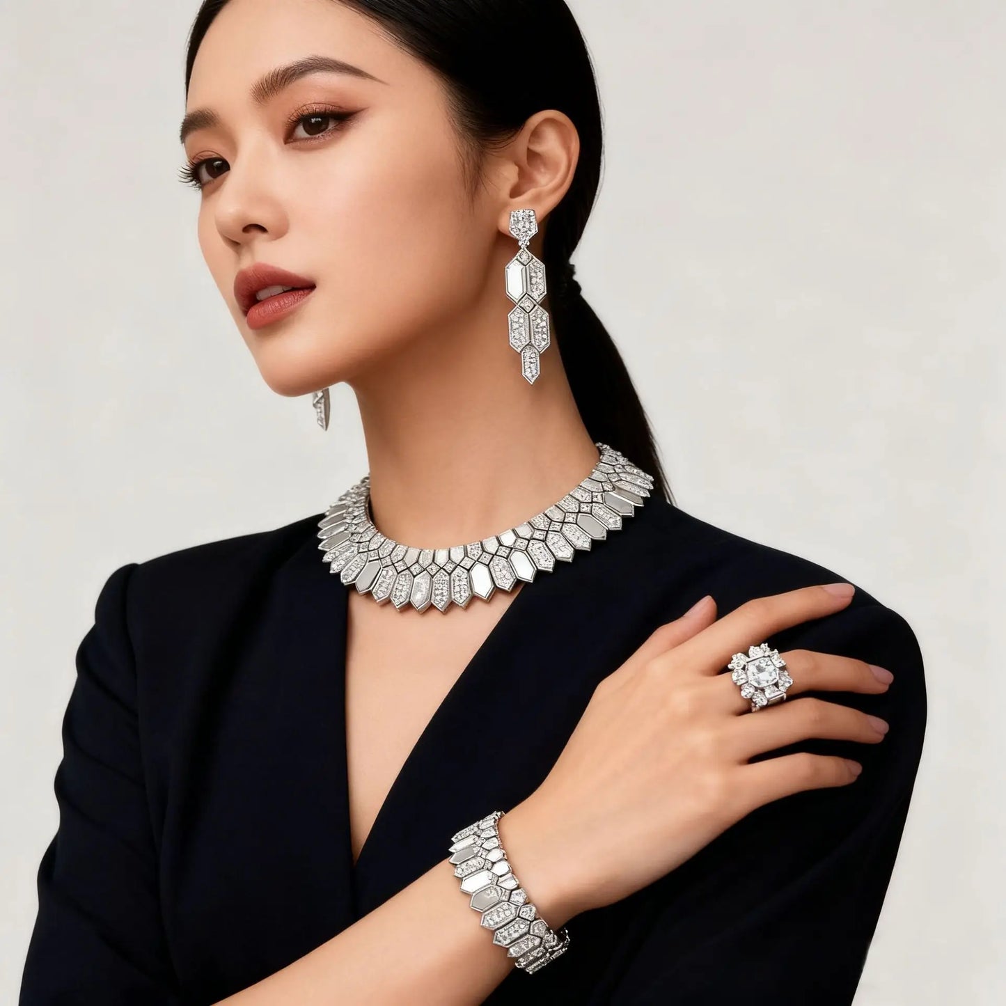 Middle Eastern Luxury Gold Jewelry Set with White Shell Black Agate Cubic Zirconia Chocker Necklace Earring Ring Bracelet Sets