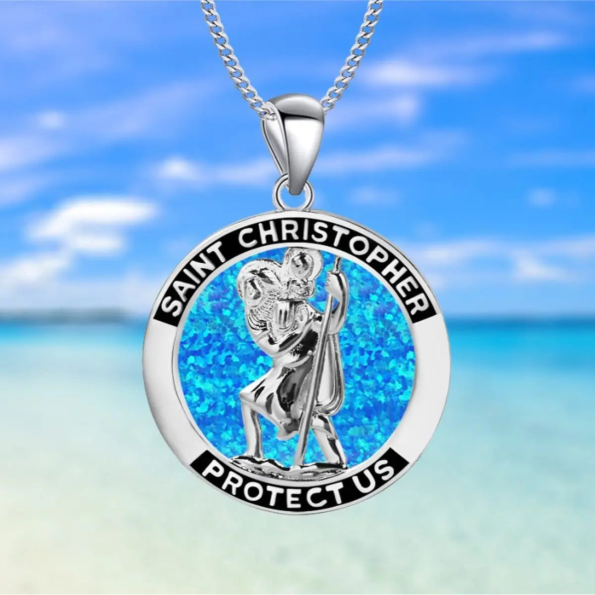 TikTok Ins Viral Copper Opal Virgin Mary Pendant Necklace | Blue Fire Gem Statement Jewelry Link Chain Silver Plated Wholesale