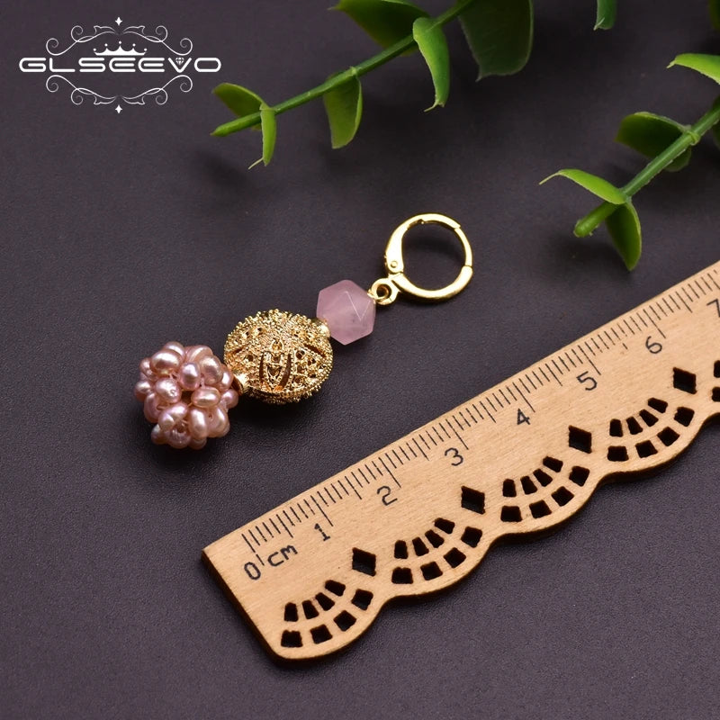 GLSEEVO Fresh Water Pink Baroque Pearl Dangle Flower Earrings for Women Girls Daughter Cute Jewellery for Birthday Party GE0961B