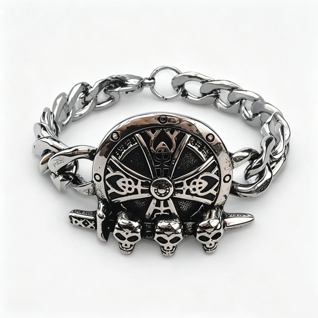 Vintage Men's Stainless Steel Bracelet Gothic Skull Celtic Knot Cross Cuban Chain Woven Braid Street Style Jewelry Gift