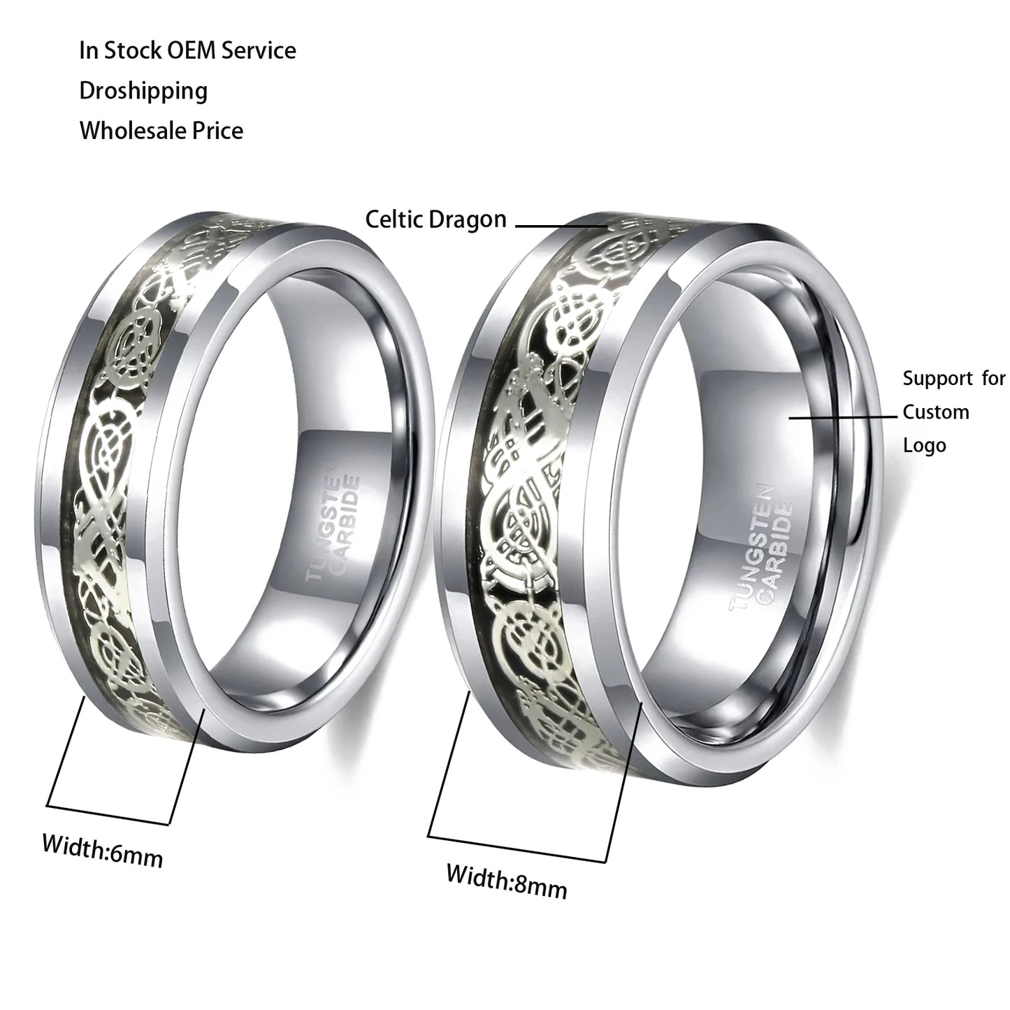 Tempusort Gold Plated Waterproof 6mm 8mm Dragon Celtic Inlay Tungsten Carbide Classic Men's Wedding Band Ring Dropshipping