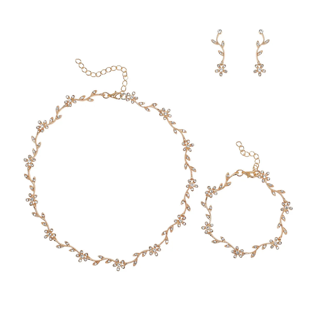 Leaf Rhinestone 4-Piece Bridal Jewellery Set | Necklace, Earrings, Bracelet & Collar Chain | Silver & Gold