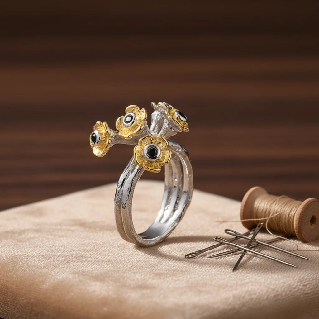 Handmade Lucky Flower 925 Sterling Silver Ring with Black Spinel for Women