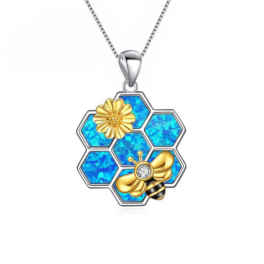 Honeycomb Bee & Flower Pendant Necklace Aobao Whimsical Fashion Jewelry for Daily Wear