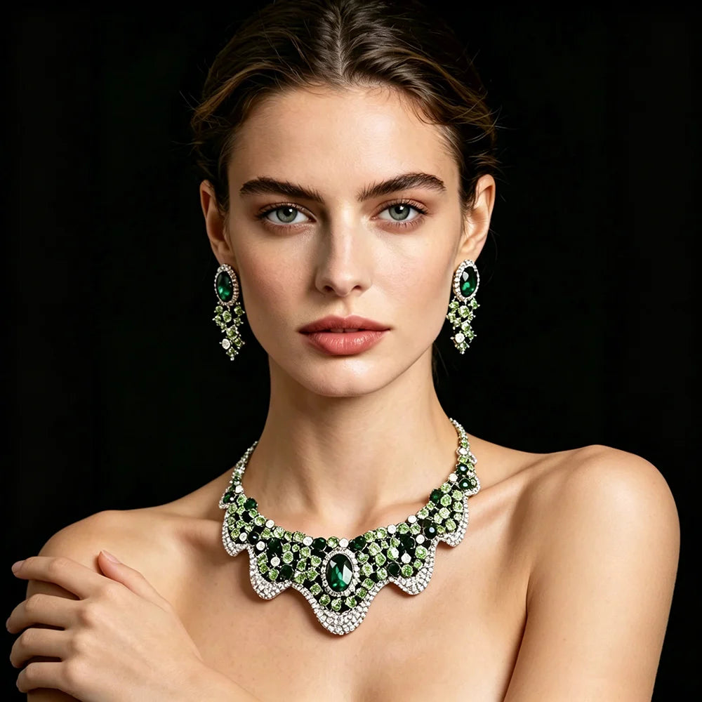 Luxury Emerald Green Crystal & Pearl Floral Statement Necklace & Drop Earrings Bridal Set — Silver Plated