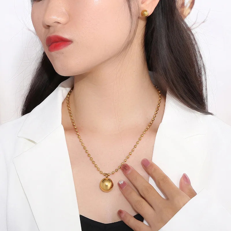 FASHIONISTA Fashion Simple Two-Piece Set Gold Plated Bead Pendant Stainless Steel Necklace Earrings Jewelry Set