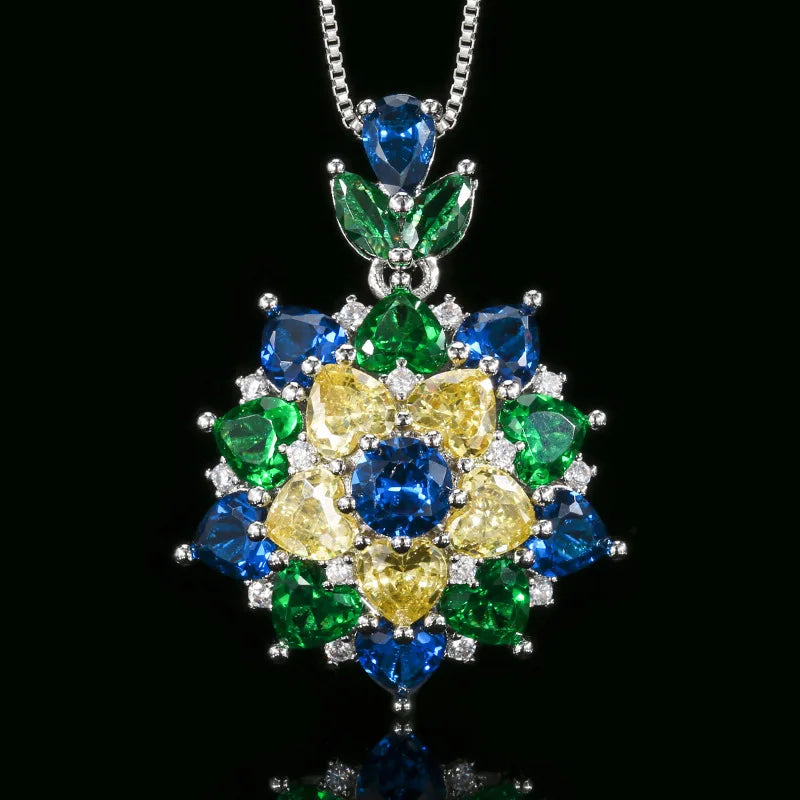 Gemfiori European and American Minimalist Zircon Earrings Necklace Ring Set Fashionable and Colorful Flower Design Jewelry