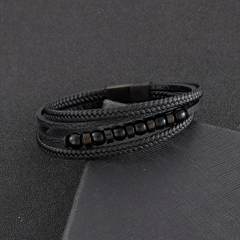 KALEN Men Casual 210mm Braided Leather Bracelet With Stainless Steel Beads