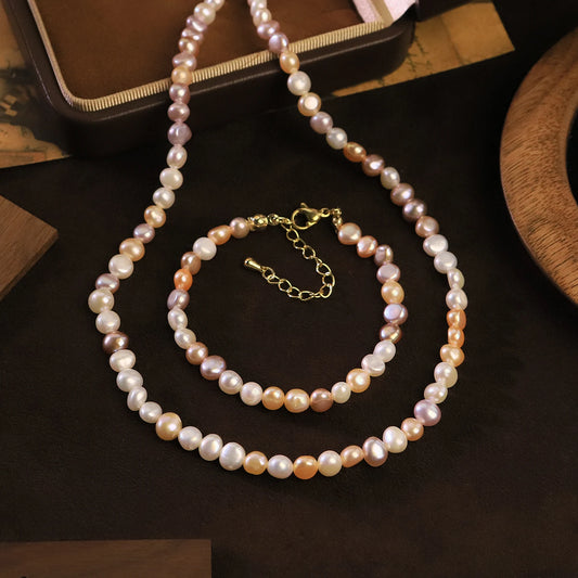 GLSEEVO Multicolour Natural Freshwater Pearl Necklace & Bracelet Set — Blush, Peach & Lavender