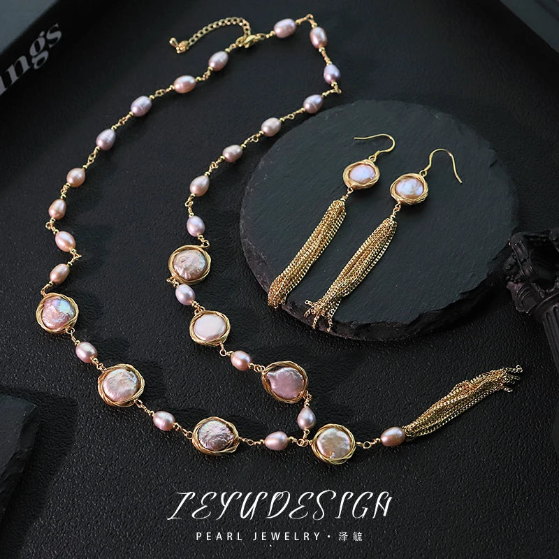 Baroque Natural Freshwater Pearl Pearl Chain Earrings Necklace Set Luxurious Design Set Gift Wedding Banquet GS0215