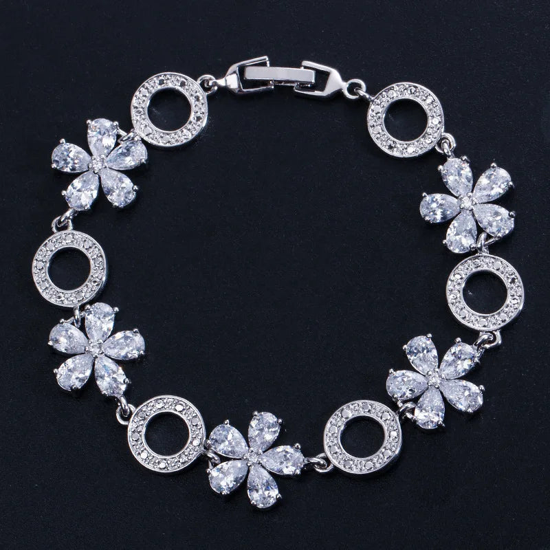 Women's Trendy Floral Design AAA Zirconia Beaded Bracelet 925 Silver Stamped Geometric Jewelry Platinum Plated Gift for