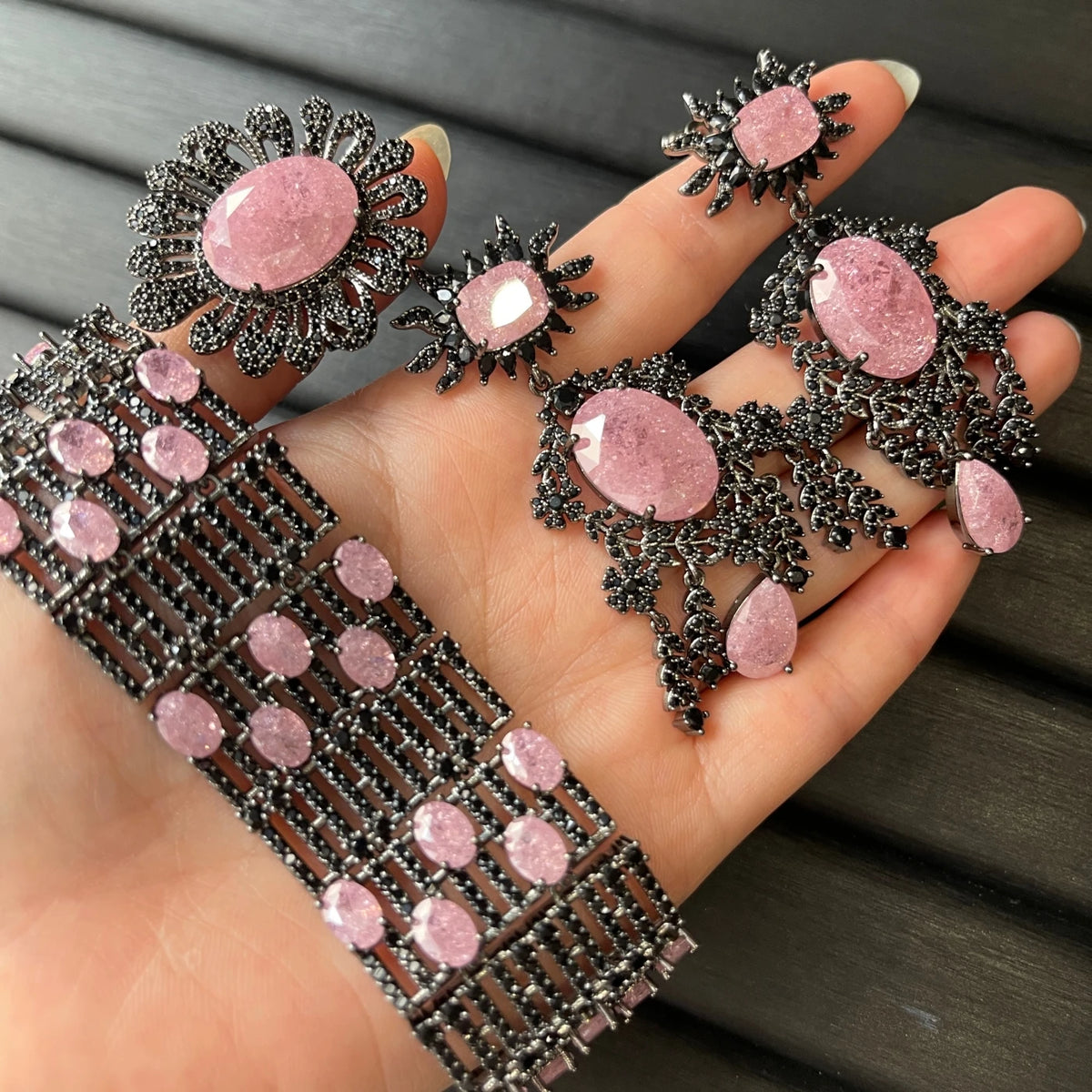 XOTICA TIANSHE Vintage Dark Aged Heavy 3pcs Jewelry Set Sunflower Wide-row Bracelet Long Double-layer Dangle Earrings & Flower Ring