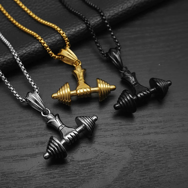 Hip Hop Fitness Handheld Dumbbell Waterproof Stainless Steel Fashion Pendant Necklaces Gold Plated for Male Man Men Wholesale
