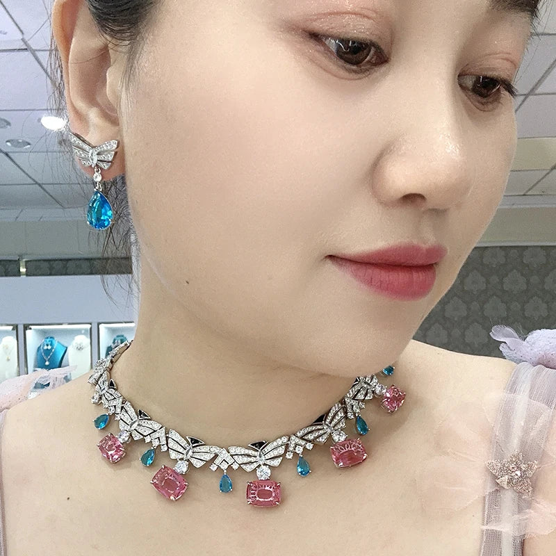 Brass butterfly Necklace and Earrings Set Skin-friendly and Luxurious Cubic Zirconia Enamel Women's Wedding Jewelry