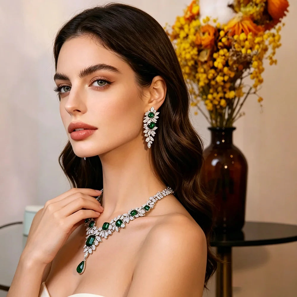 XM S315 Emerald Green Cubic Zirconia Floral Leaf Statement Necklace & Earrings Set