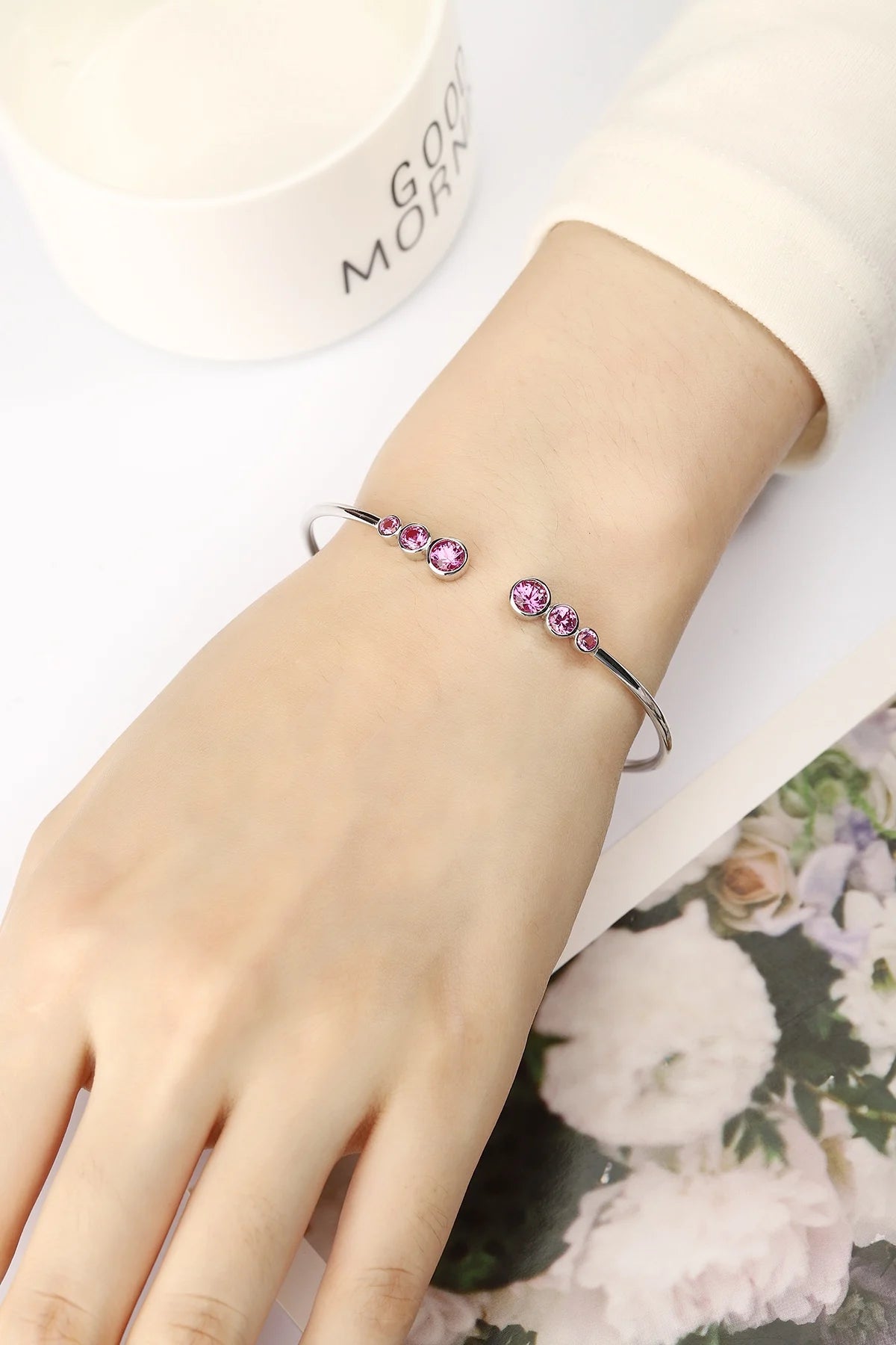 Gemfiori 925 Sterling Silver Bracelets for Women Lab Grown Colorful Sapphire Simple Design Silver Bangles Daily Wear Accessories Gifts