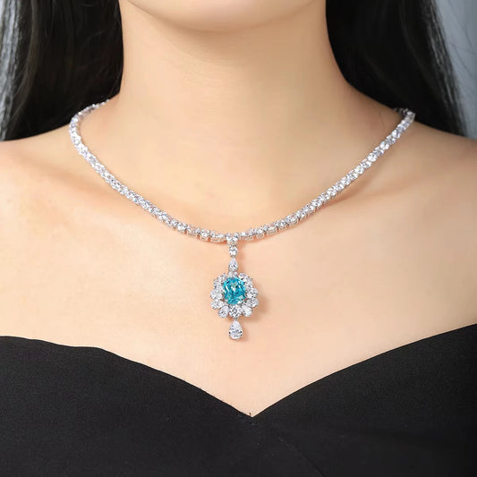 Gemfiori S925 Silver Luxury Lab Created Gemstone Necklace High Quality Women's Cubic Zirconia Lab Grown Paraiba Pendant Necklace