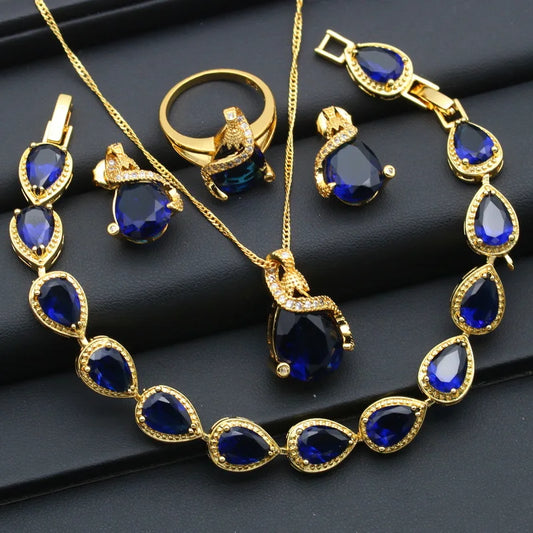 Women's Blue Zirconia Jewelry Set-Earrings Pendant Ring Bracelet Chain for Parties Ladies' Wedding Accessories Halloween Gift