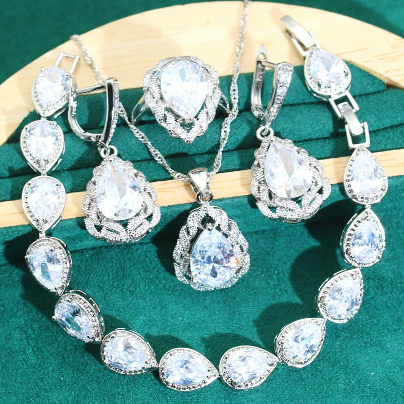 XOTICA Classics Green Zircon 925 Silver Jewelry Sets for Women Wedding Bracelet Earrings Necklace Pendant Ring Dating Gifts
