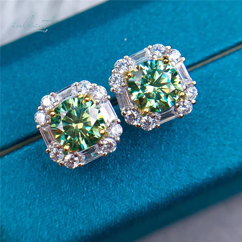 S&S 2ct Green VVS1 Moissanite Cushion Stud Earrings | 925 Silver Platinum Plated | GRA Certified | S&S Collection