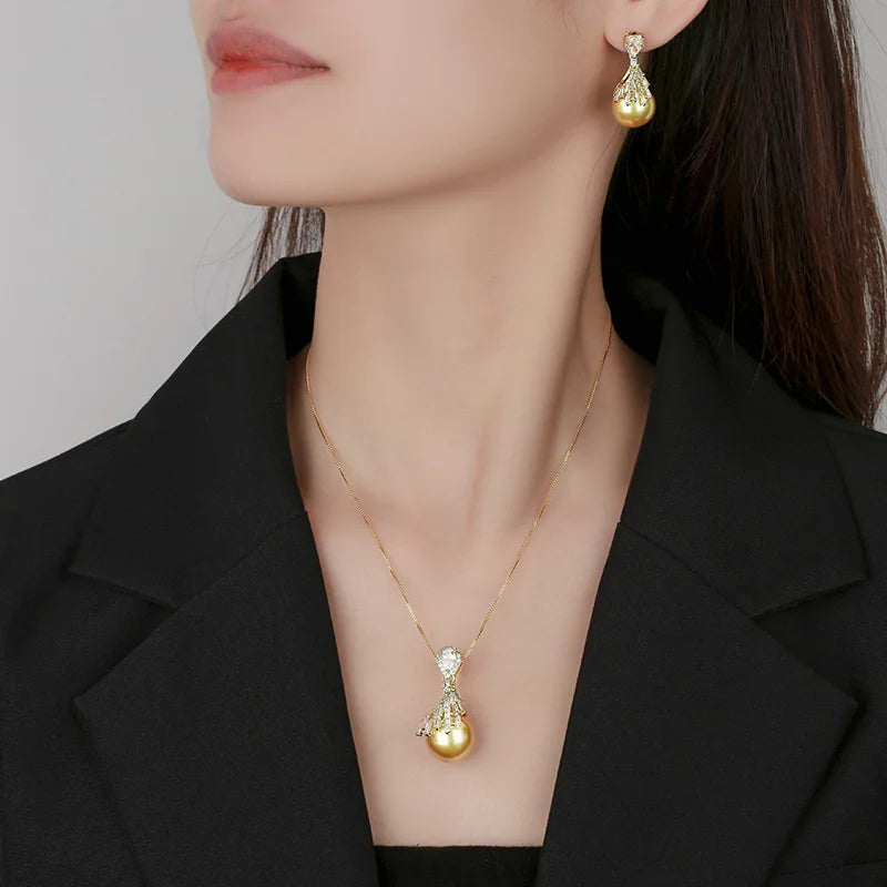 Gemfiori Luxury New 16-14m Pearl Jewelry Set High-end Copper Plated Rhodium Retro Jewelry Suitable for Wedding Women