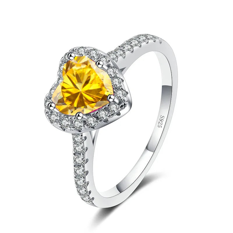 Wholesale Fine Jewelry S925 Sterling Silver Love Heart Ring Light Luxury 1Carat Colorful Heart Shaped Moissanite Engagement Ring