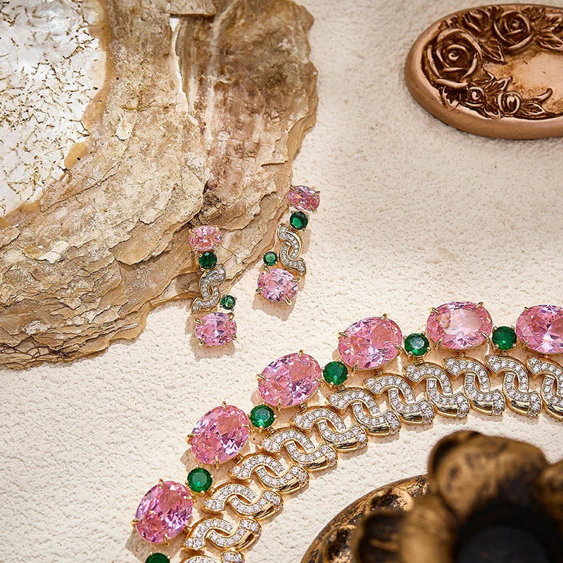 Exquisite Pink Zircon Bride Set S-shaped Full Diamond Necklace Earrings High End Customized Important Occasion Festival Jewelry