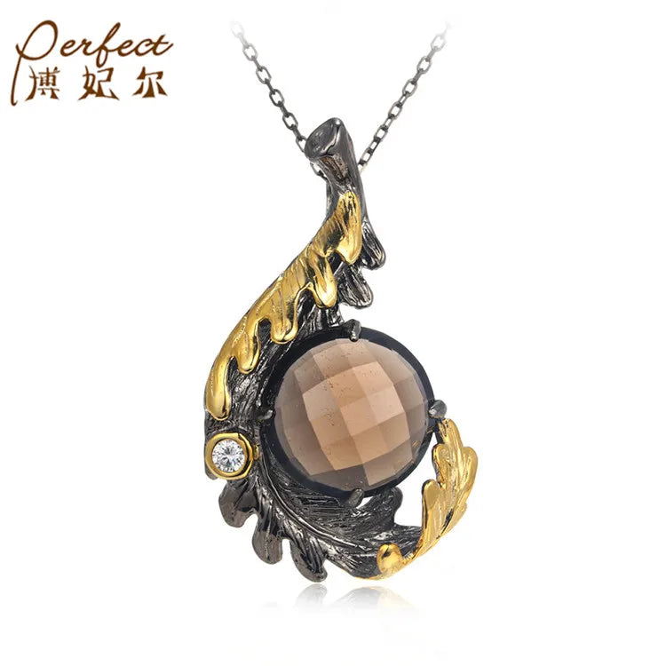 New Design Smoky Quartz Classic Sterling Silver 925 Gold Plated Pendants Women Jewelry with White Zircon Perfect Brand Gift