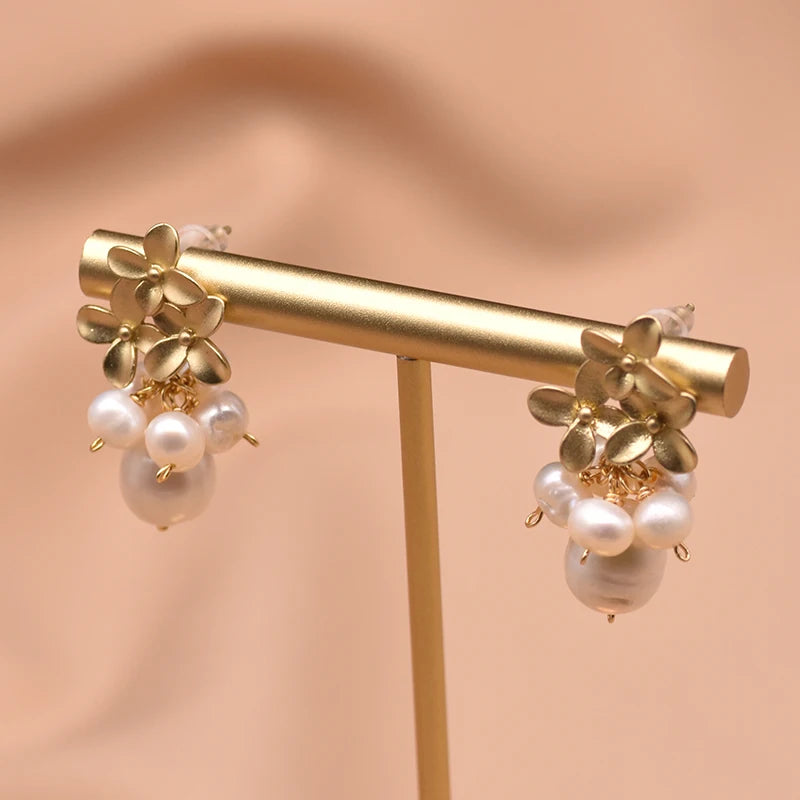 Original Fresh Water Pearl Three Flower Custer Drop Earrings for Women Wedding Engagement Fine Jewelry