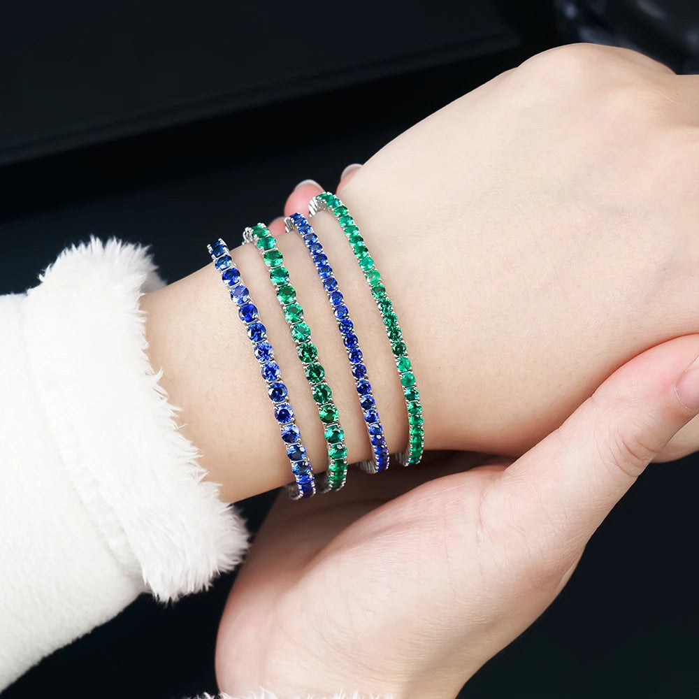 S&S High Quality Lab Created Gemstones Jewelry 925 Sterling Silver Round Cut Zambian Emerald Sapphire Tennis Bracelets for Women Men