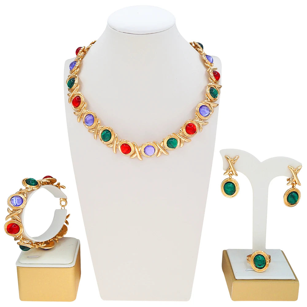 Zhuerrui Luxurious and Charming Gold-plated Jewelry Set, High-end and Dazzling Gemstone Jewelry for African Brides