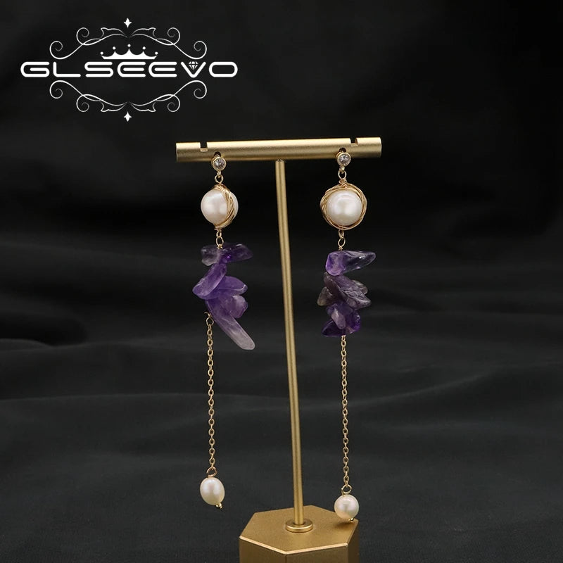 Amethyst Freshwater Pearl Handmade Wire Wrapped Dangle Earrings Chain Fashion Charm Luxury Earrings Women Jewelry