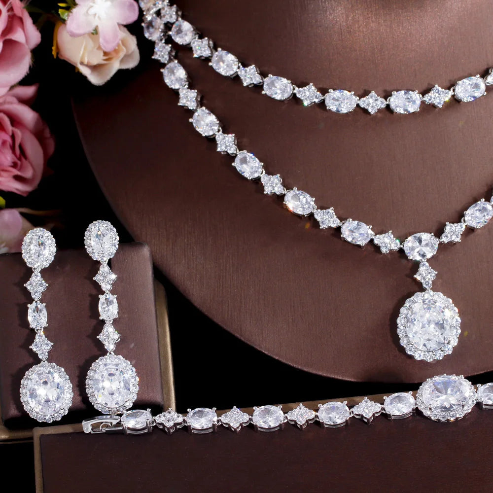 Elegant Bling White Cubic Zircon Crystal Round Two Layered Necklace 4 Piece Luxury Arabic Bridal Wedding Jewelry Sets for Women