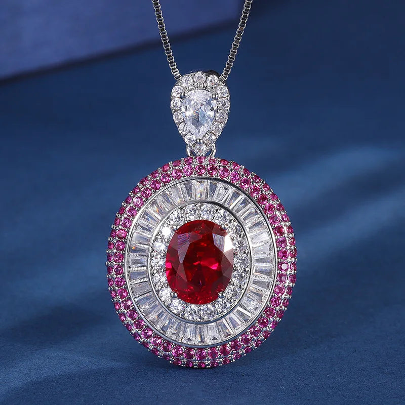 Gemfiori New Luxury Vintage Timeless Triple Layer Halo Design Jewelry Set for Women Oval Cut Blue Gem Halo Pendant Necklace Earrings Ring