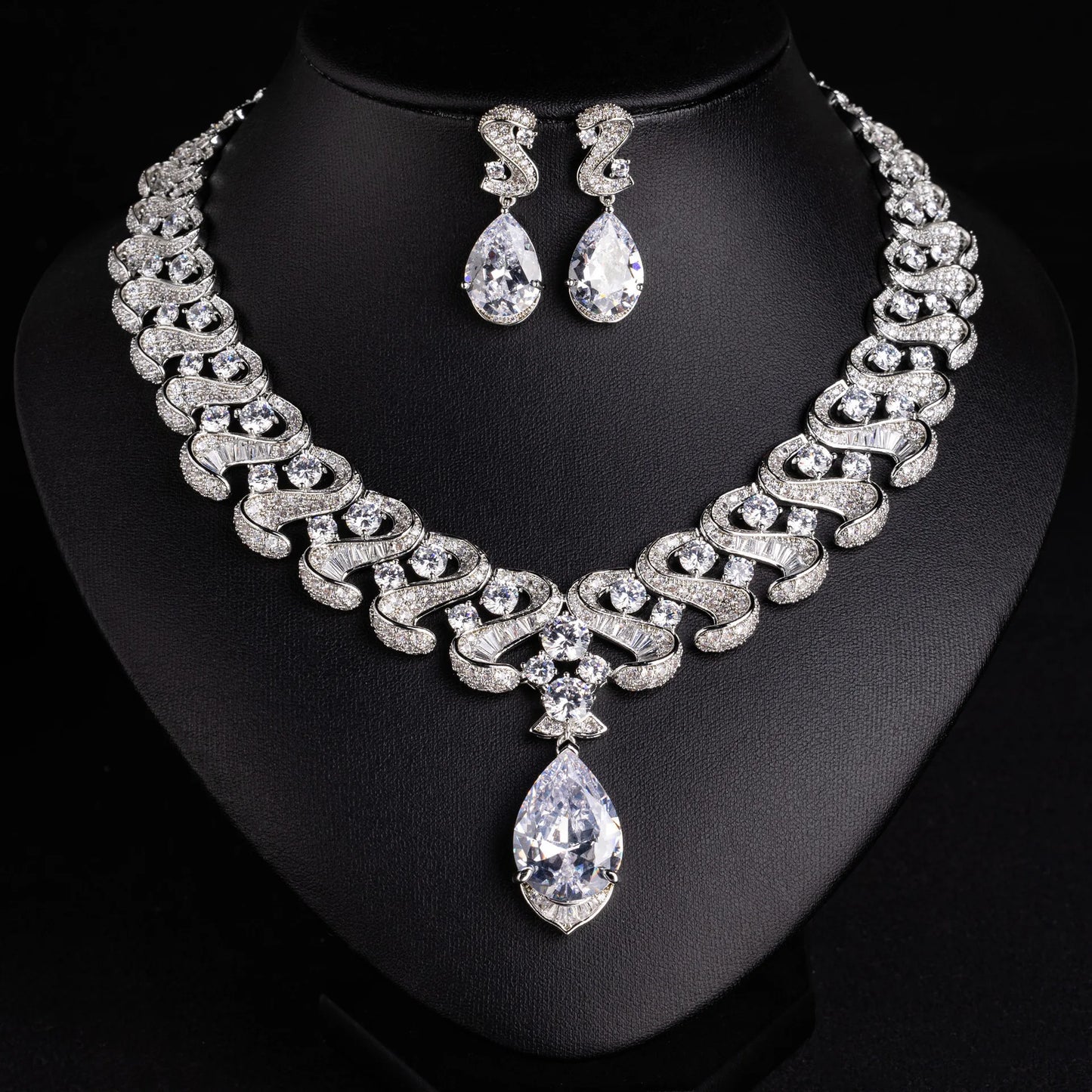 European American Luxury Design Zirconia Bridal Necklace Earrings Set Wedding Evening Party Luxury  Fashion Jewelry Sets