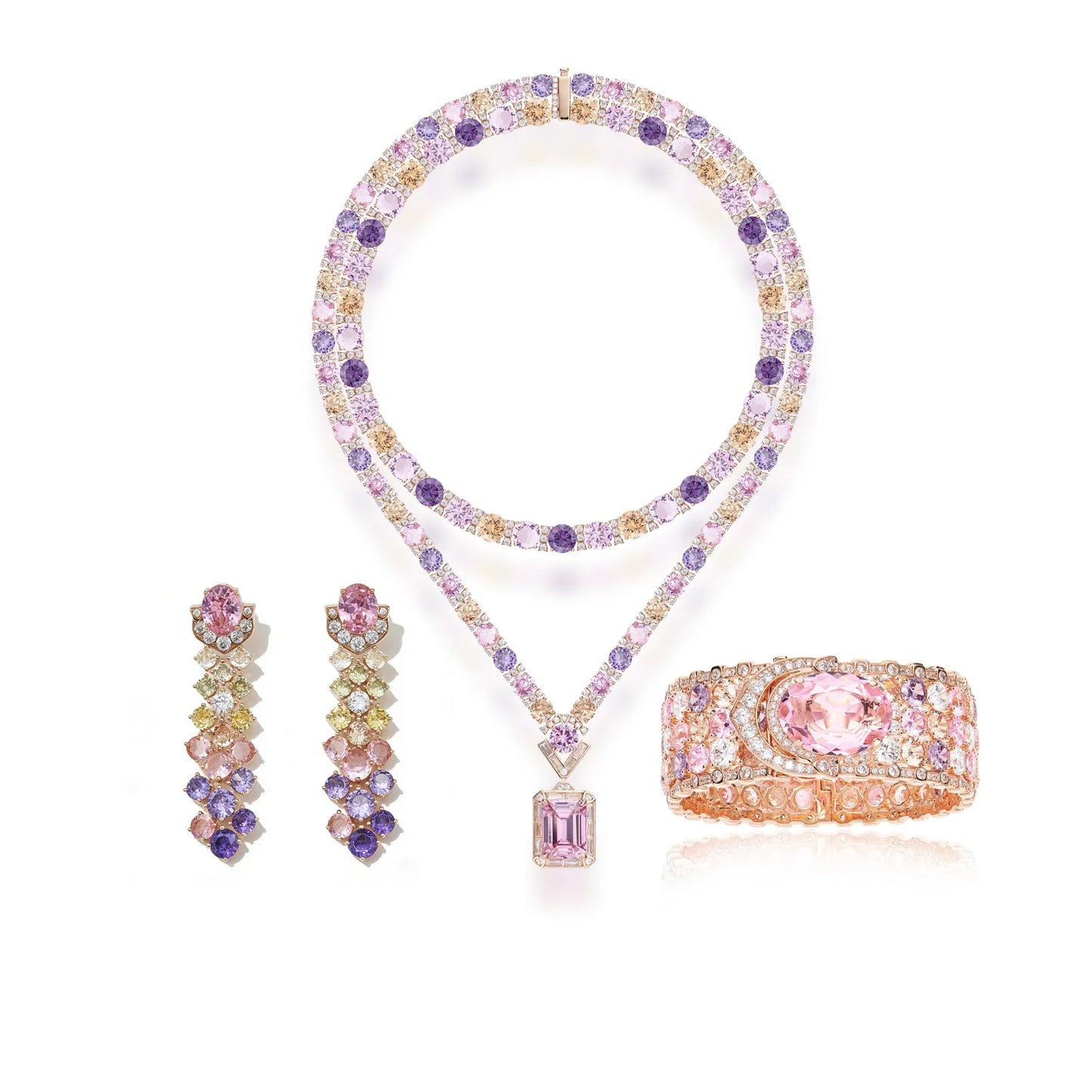 New Arriving Gradient Colorful Zirconia Jewelry Set Gold Plated Heavy Luxury Necklace Earrings Bracelet 3pcs Women Jewelry Set